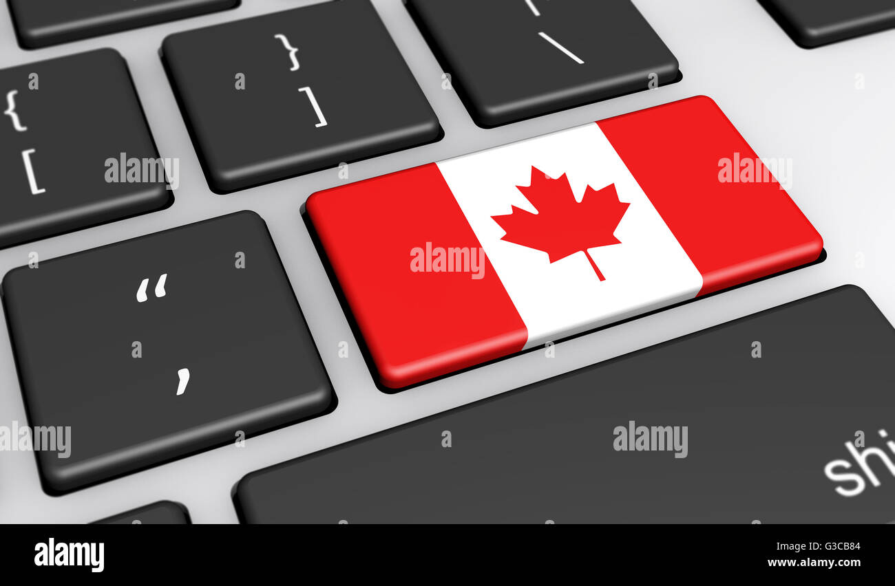In Canada la digitalizzazione e l'uso delle tecnologie digitali concetto con la bandiera canadese su una chiave del computer 3d'illustrazione. Foto Stock