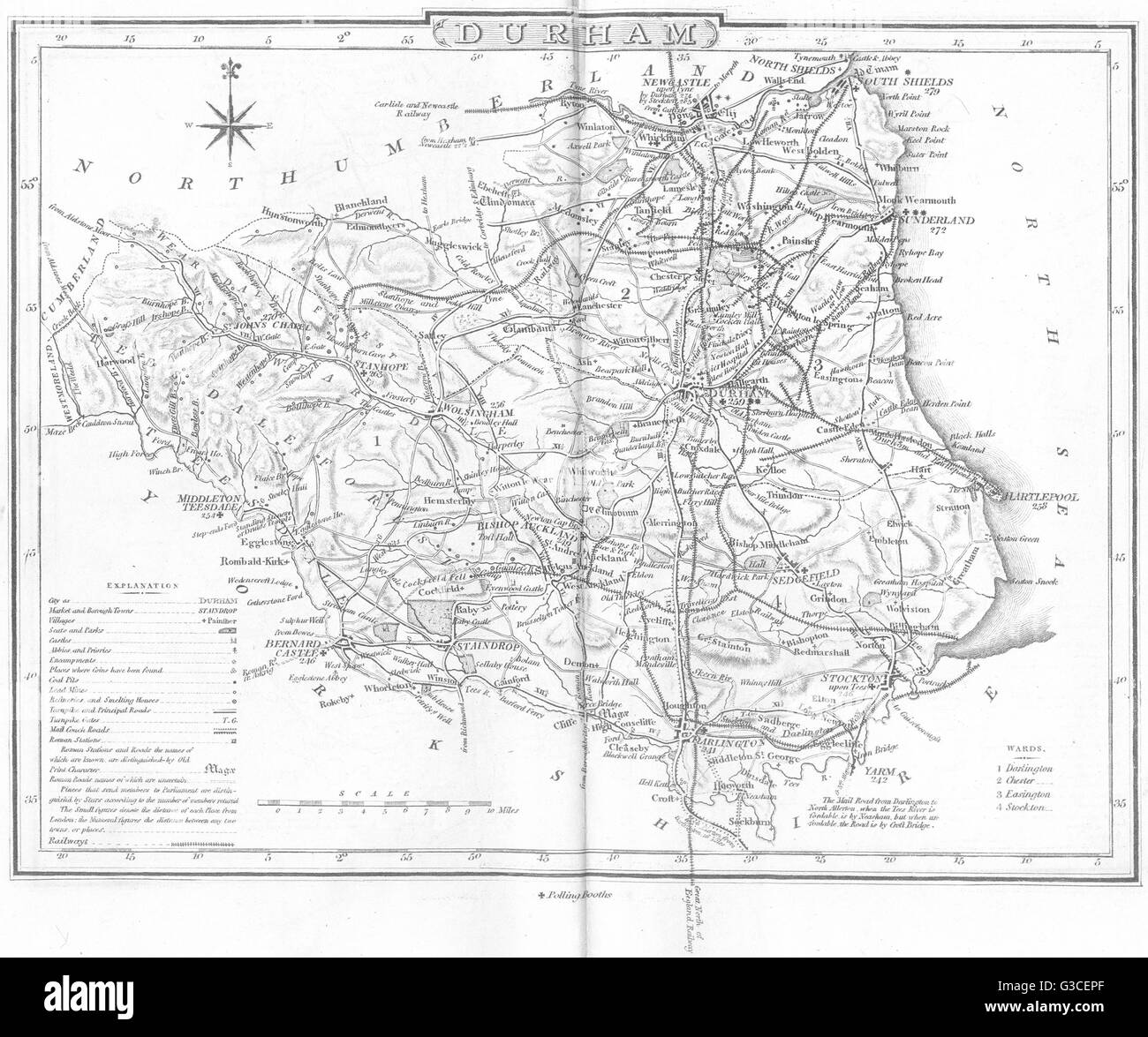 DURHAM: County map. Luoghi di polling. Strade di pullman. DUGDALE, 1845 Foto Stock