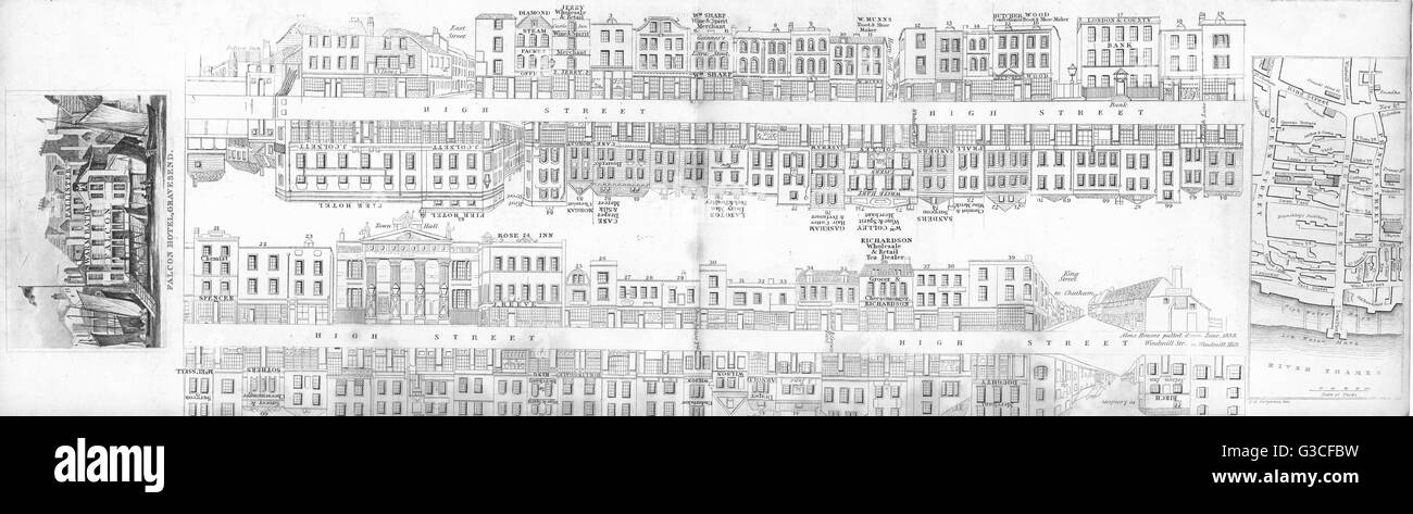 KENT: Gravesend: pianificazione stradale, Falcon Hotel, mappa. DUGDALE, antica stampa 1845 Foto Stock