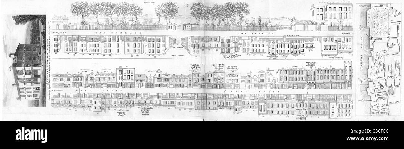 KENT: Gravesend: street piano; Gardner's hotel & Tavern, mappa . DUGDALE, 1845 Foto Stock
