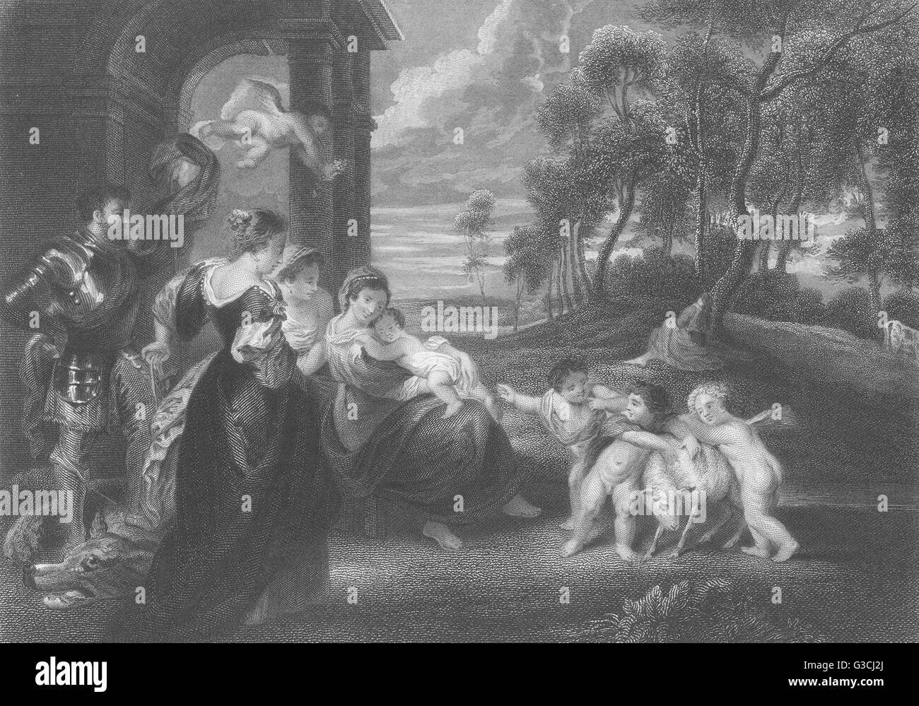 Sacra Famiglia con i Santi: P P Rubens, antica stampa 1835 Foto Stock