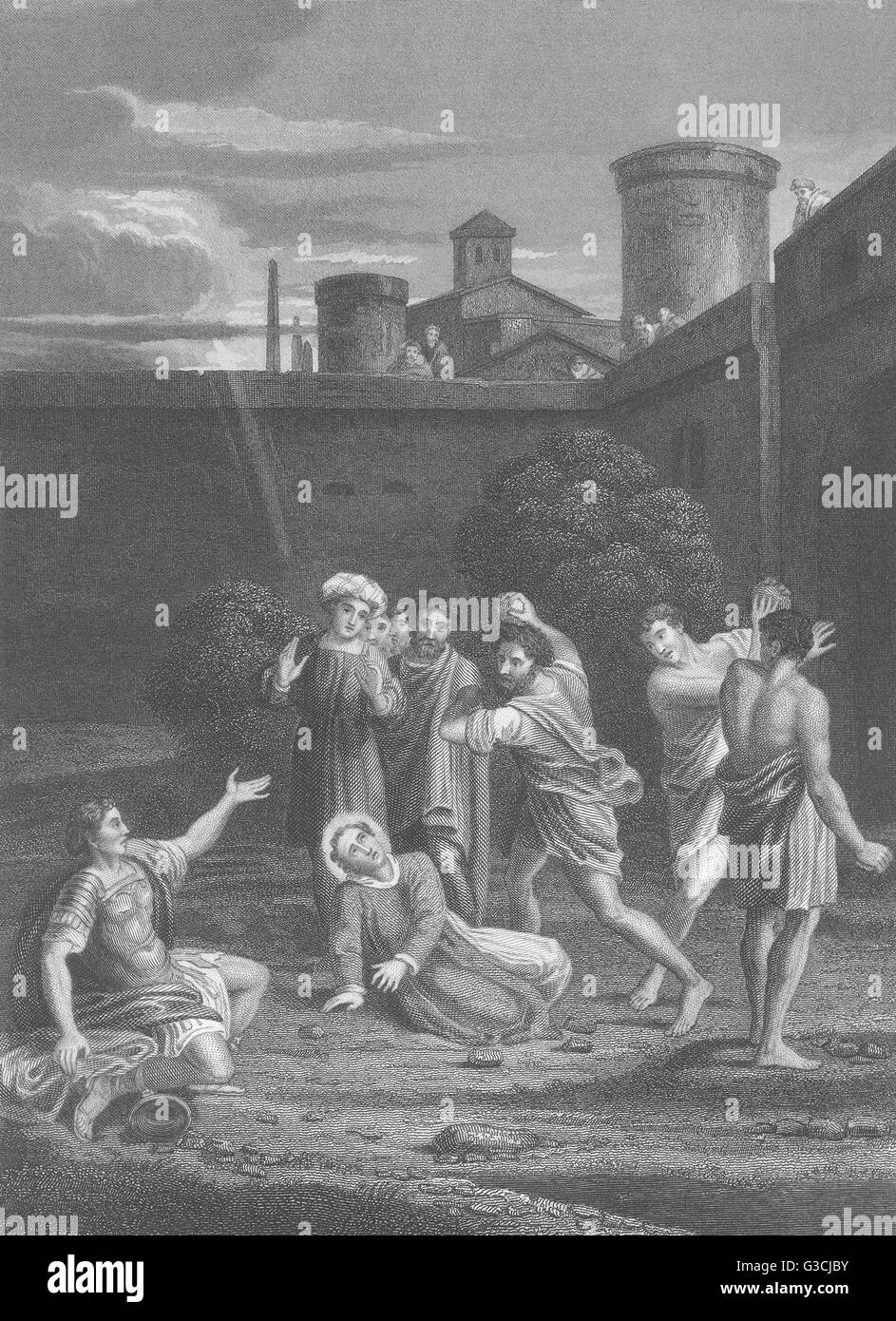 La lapidazione di Santo Stefano: Domenichino, antica stampa 1835 Foto Stock
