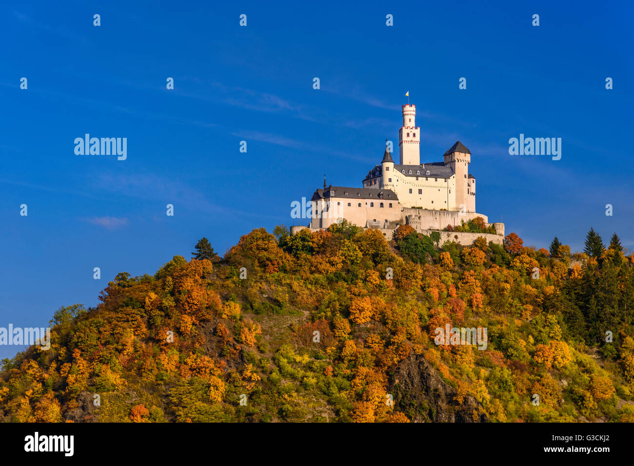 In Germania, in Renania Palatinato, Valle del Reno superiore e centrale, Braubach, il Marksburg Foto Stock