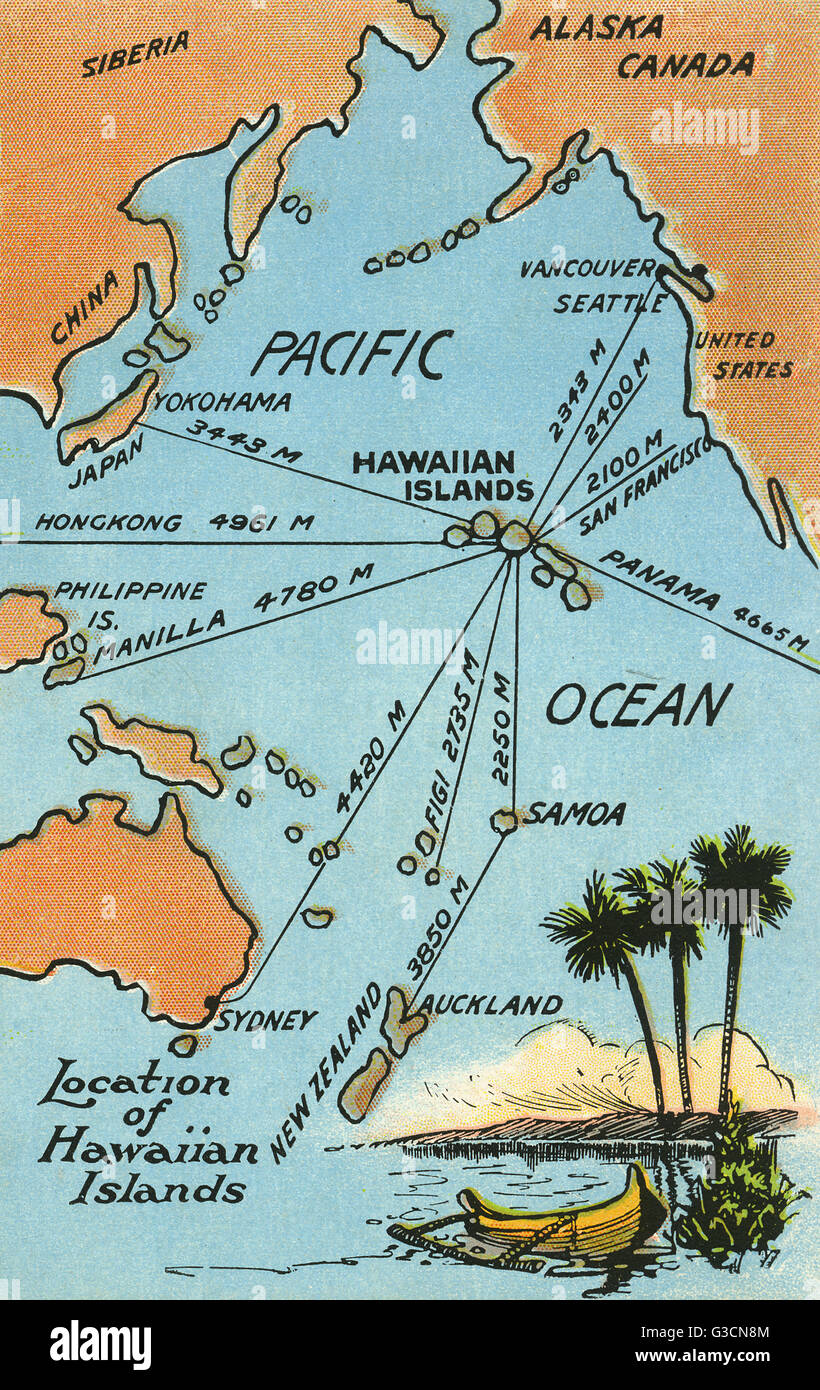 Mappa delle Hawaii, dell'Oceano Pacifico e delle aree circostanti Foto Stock