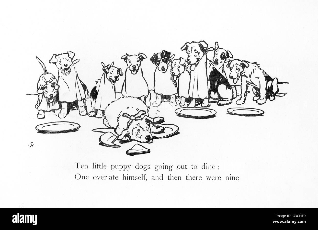 Illustrazione di Cecil Aldin, dieci piccoli cani da cucciolo Foto Stock