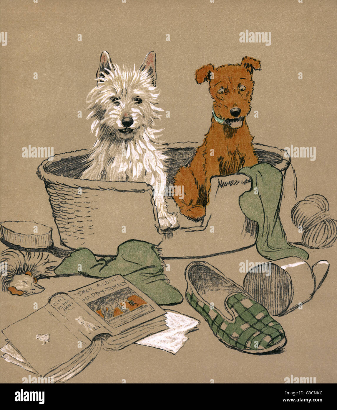 Illustrazione di Cecil Aldin -- Mac e Pat seduti fianco a fianco in un cestello, circondato da oggetti casuali hanno raccolto, compresi Aldin il proprio libro, famiglia felice. Il loro piano è quello di aprire un museo. Data: 1912 Foto Stock