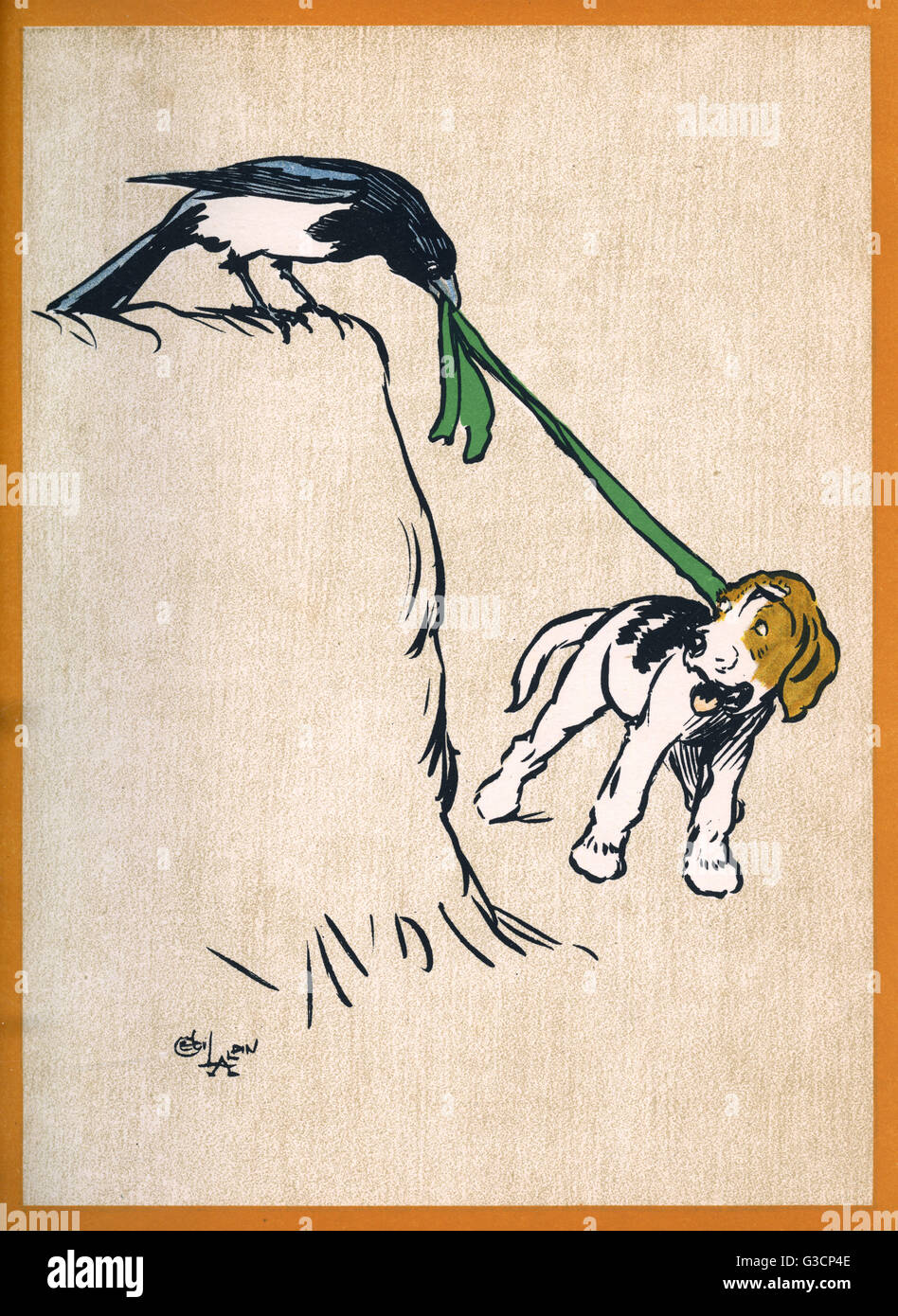 Illustrazione di Cecil Aldin, Campo dei neonati. Pipino il cucciolo è sconvolto quando padrona Gazza tira il suo nastro verde da intorno al suo collo. Data: 1910 Foto Stock