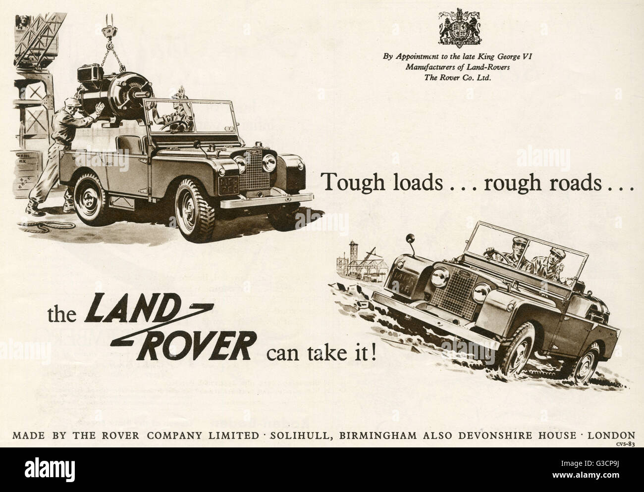 Carichi difficili, strade dissestate, Land Rover può prenderlo! Pubblicità per il British cross country veicolo Land Rover mostra che trasporta un carico pesante e rendendo veloce lavoro di guida attraverso paludosa del terreno. Data: 1953 Foto Stock