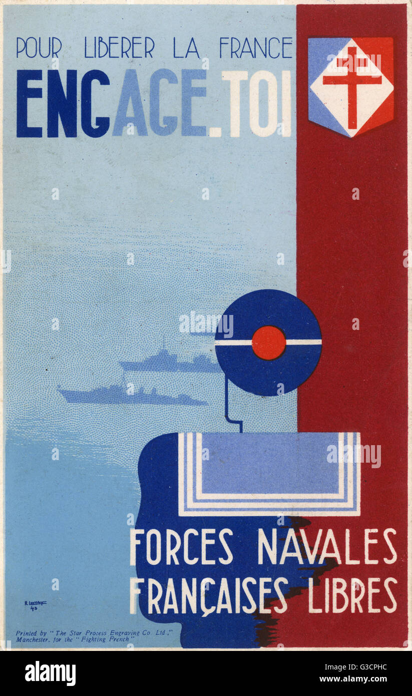 Riproduzione su una cartolina di un poster di incoraggiare gli uomini ad arruolarsi con la Marina Militare francese - "Per liberare la Francia'. Data: 1943 Foto Stock