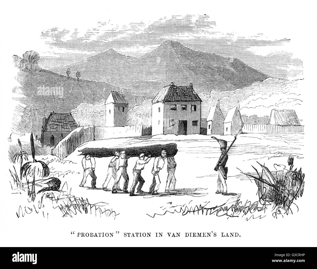 Un carcerato probation station in Tasmania (noto come Van Diemen's Land fino al 1856). In primo piano un gruppo di detenuti che va circa il loro lavoro sono supervisionati da una guardia armata. Data: XIX secolo Foto Stock