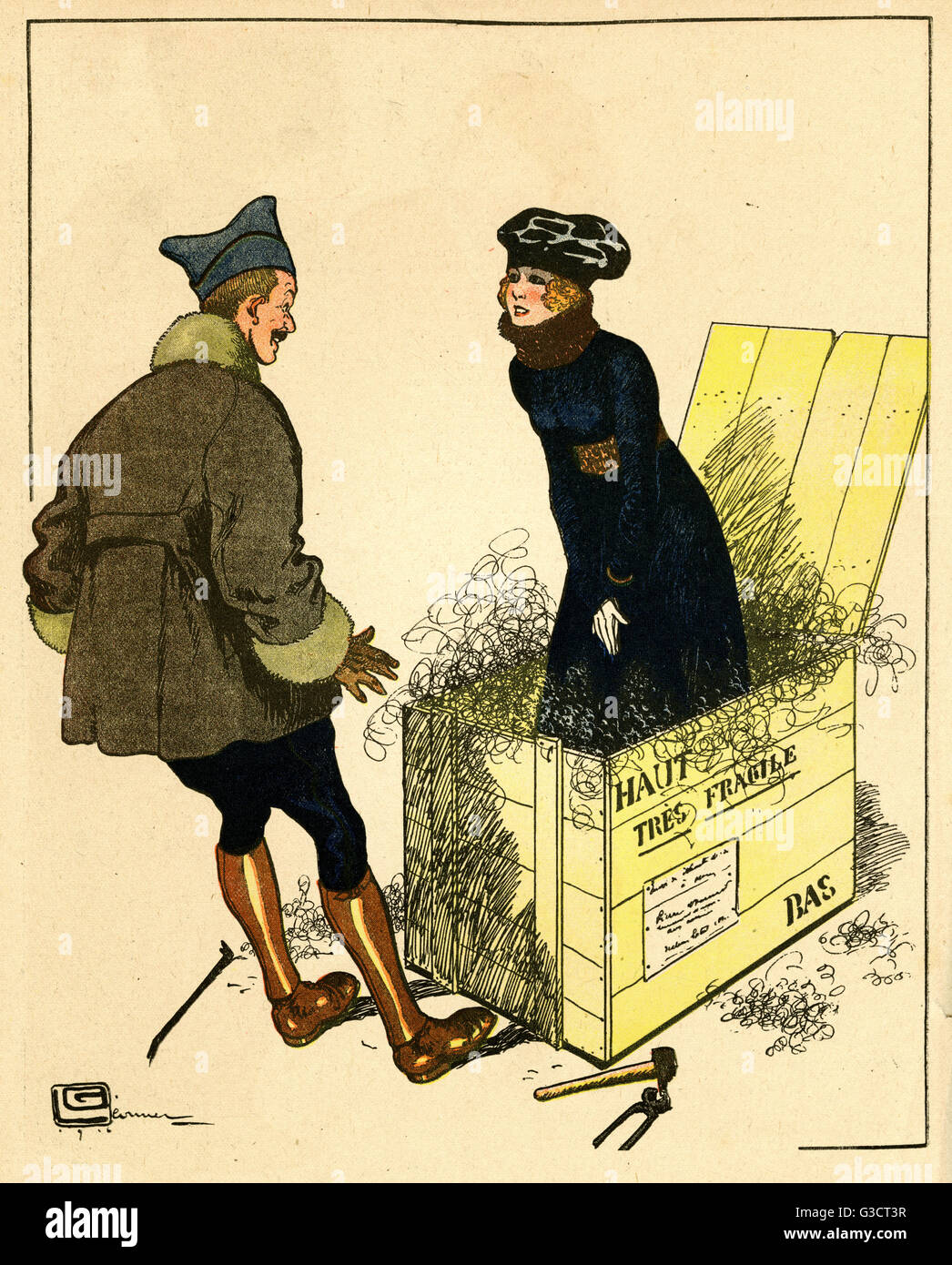 Cartoon, un grande regalo di Natale. Un soldato apre una gabbia in legno contrassegnati molto fragile per trovare il suo "madrina" è all'interno di esso. Data: 1916 Foto Stock