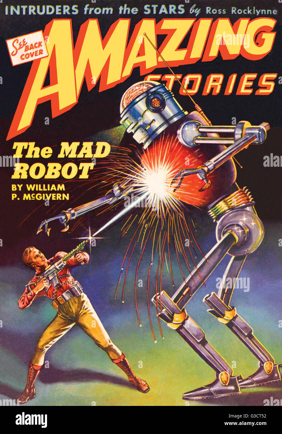 Il MAD ROBOT da William P McGivern. Un uomo coraggioso incendi a ray-pistola ad un avanzamento del robot in metallo con grandi chele e un cervello encassed in una cupola di vetro del capo data: 1944 Foto Stock
