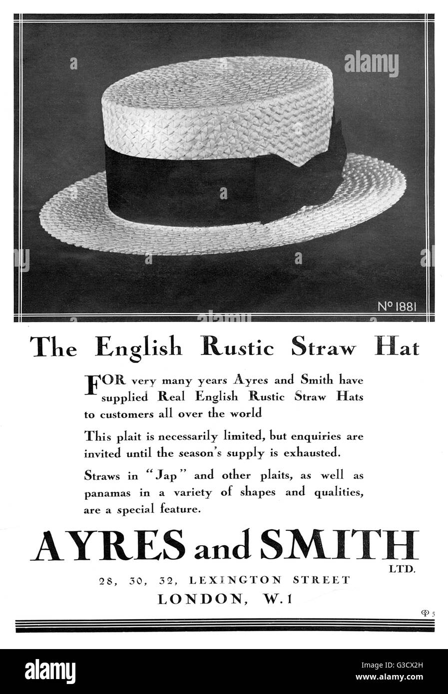 Annuncio per il rustico inglese cappello di paglia creato in un ben specifico, treccia tradizionale. Data: 1931 Foto Stock