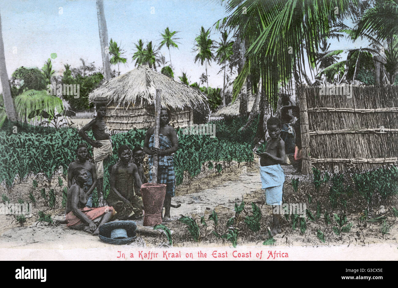 Scena in Kaffir Kraal (villaggio insediamento), Zululand Foto Stock