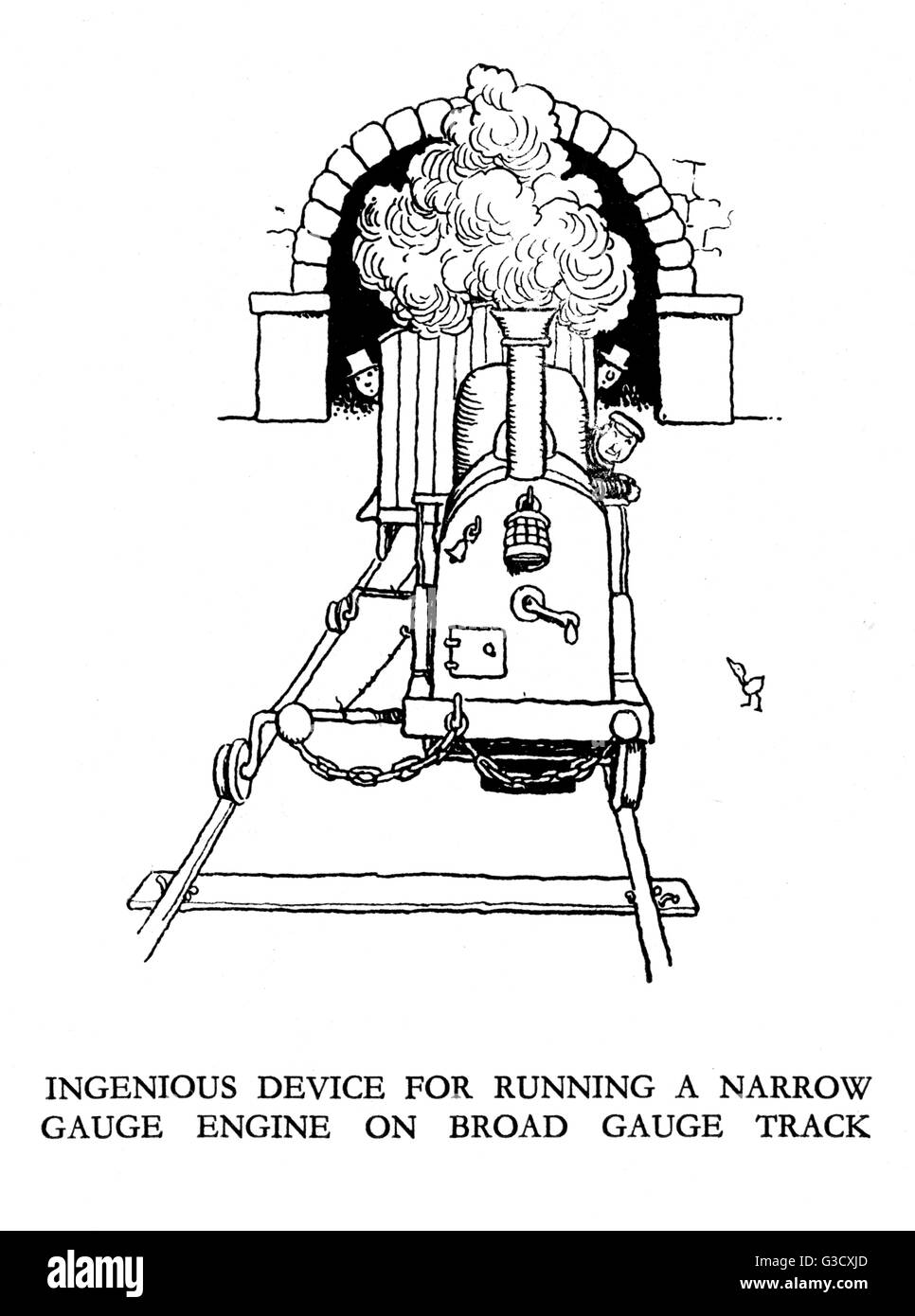 Illustrazione di vignette, Ribaldry ferroviaria da W Heath Robinson -- ingegnoso dispositivo per l'esecuzione di una carreggiata stretta motore su ampio calibro via. Data: 1935 Foto Stock