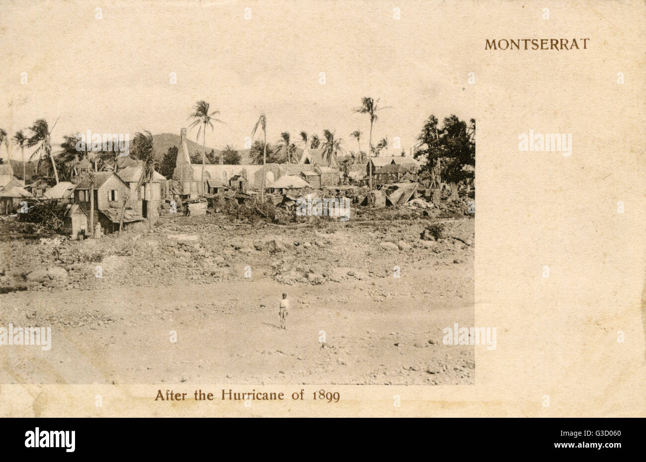 Monserrat dopo l uragano del 1899. Montserrat è un'isola che è un cittadino britannico di territorio di oltremare nei Caraibi e in particolare nelle Isole Sottovento, parte della catena nota come le Piccole Antille, in Indie ad ovest. Il 1899 uragano dell'Atlantico in mare Foto Stock
