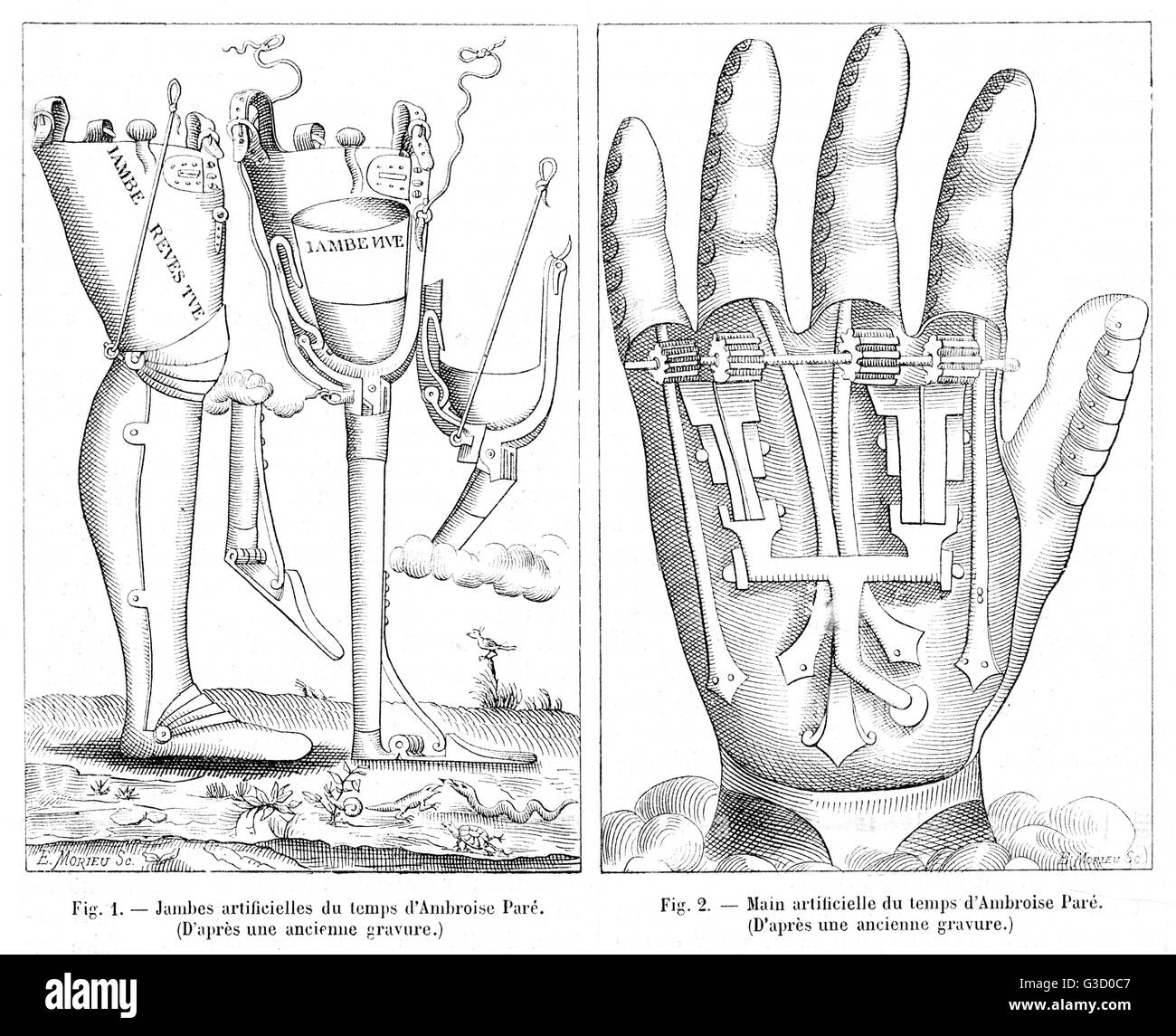 Illustrazione della gamba artificiale e la mano, dai tempi del barbiere chirurgo Ambroise Par&#x9828;c. 1510 1590) Data: XVI secolo Foto Stock