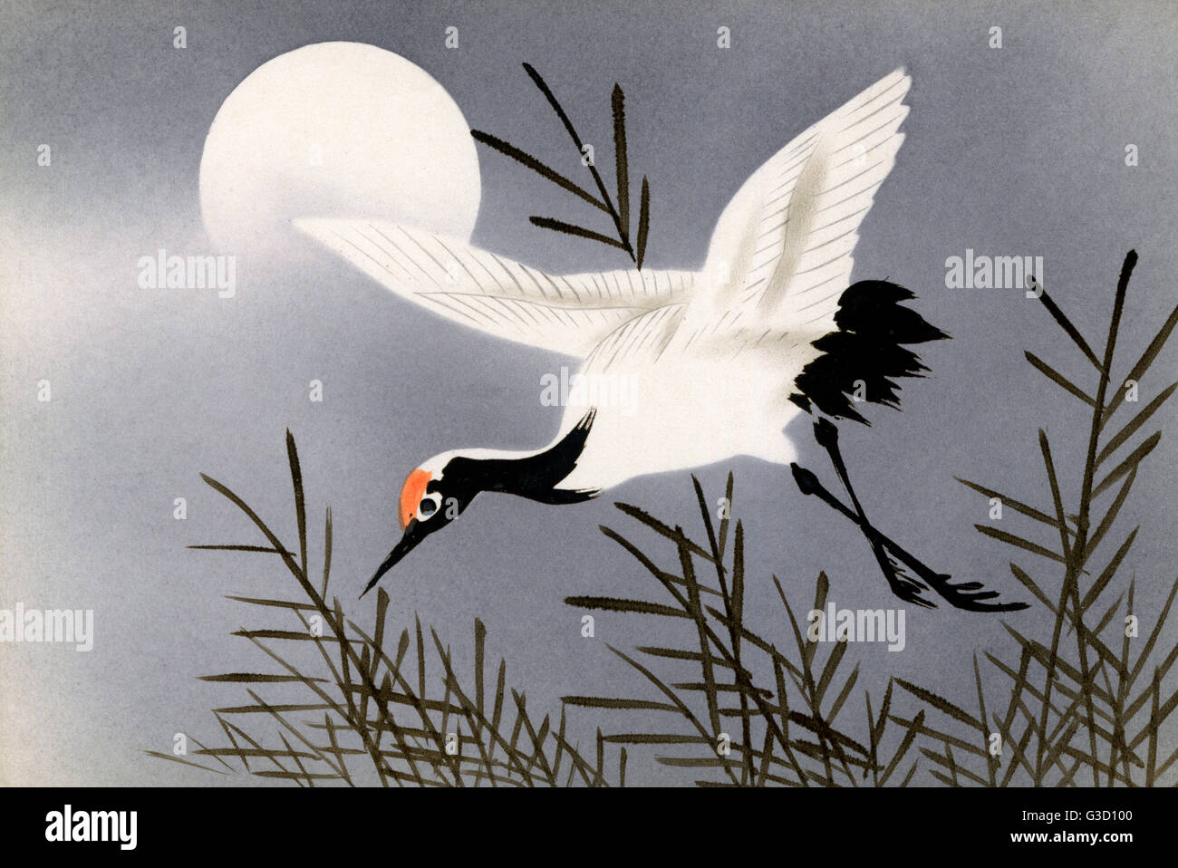 Cartolina d'arte giapponese - cicogna in volo sotto la luna Foto Stock