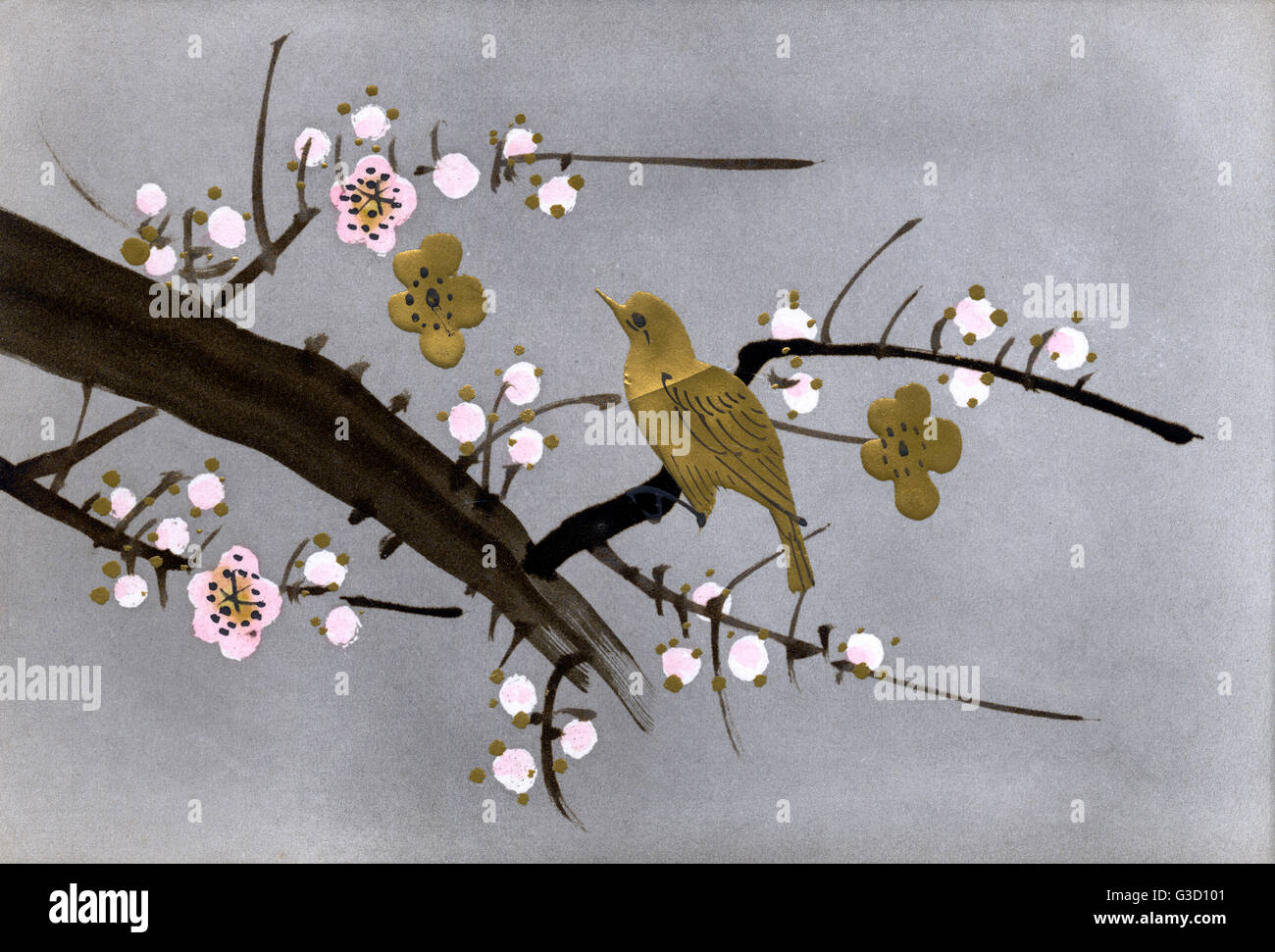 Cartolina d'arte giapponese - uccello d'oro arroccato in un albero fiorito Foto Stock