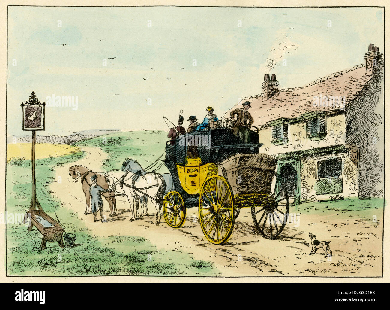 Una Mail-carrozza trainata da quattro cavalli, con solo dieci minuti di ricambio, entrando in una locanda. Data: XIX secolo Foto Stock