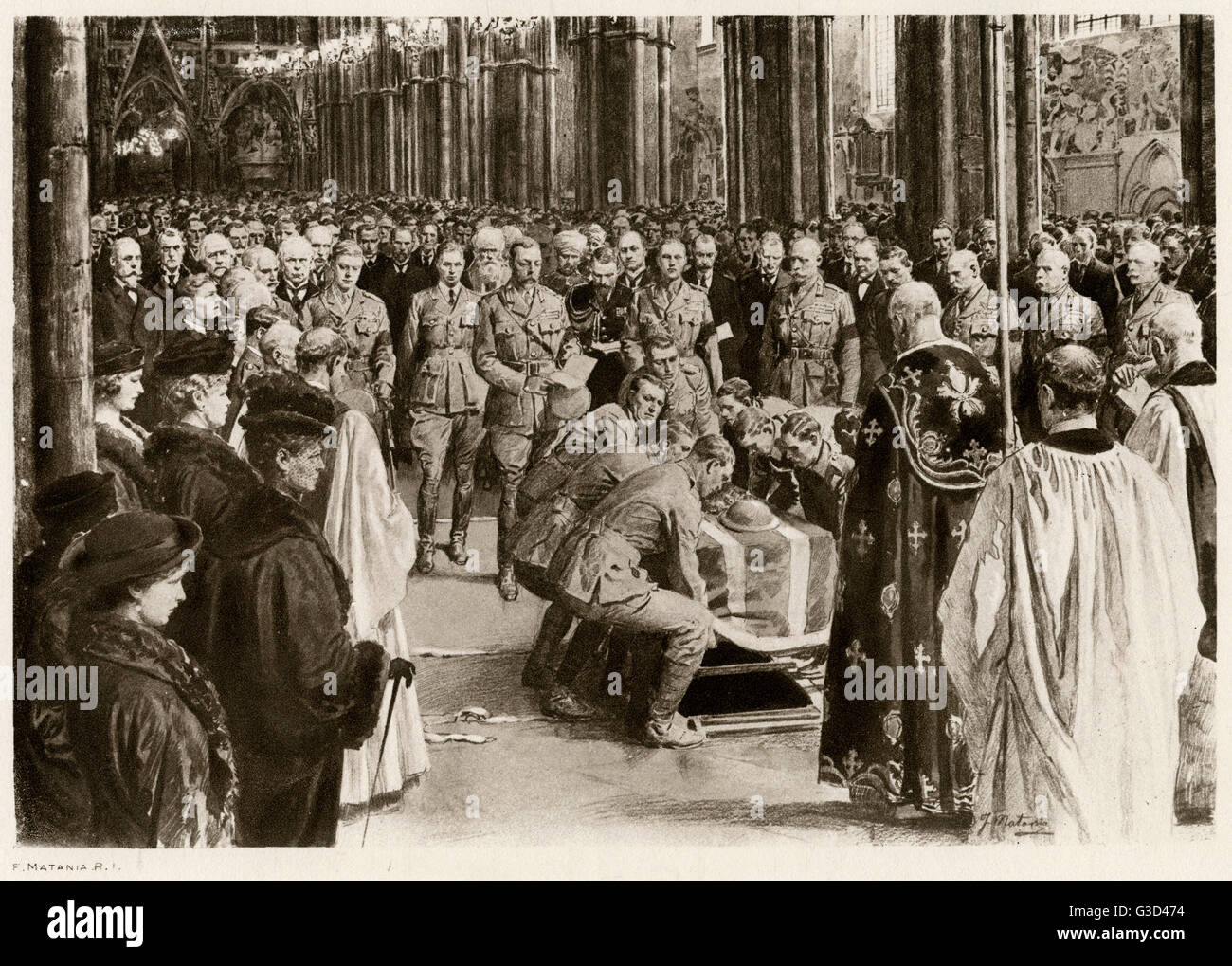 Il giorno dell'Armistizio, 11 novembre 1920 la tomba del Milite Ignoto, whoses corpo fu portato dalla Francia di essere sepolto presso l'Abbazia di Westminster, Londra, scena che mostra la bara di essere abbassati in una tomba all'interno dell'Abbazia, frequentando dal Re Giorgio V e altri Foto Stock