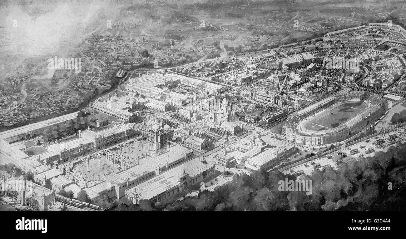 Illustrazione dell'antenna dell'intero sito in un opuscolo di souvenir per le esposizioni di franco-britannique, svoltasi a Città Bianca, West London. Data: 1908 Foto Stock