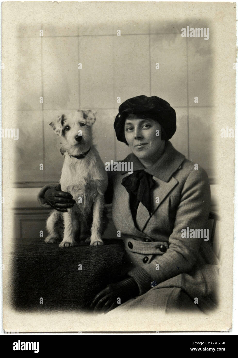 Studio ritratto, donna con cane terrier Foto Stock