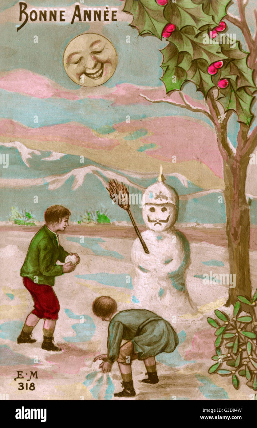 WW1 - New Years Card - l'imperatore come un pupazzo di neve Foto Stock