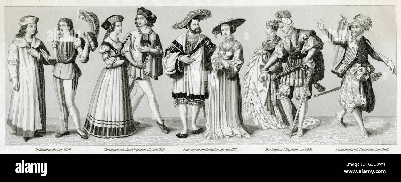 Costume rinascimentale, da sinistra a destra: due studenti circa 1500,  giovane in abiti da ballo circa 1510, giovane in abito nuziale circa 1530,  sposa reale ed il suo operatore circa 1550, soldato