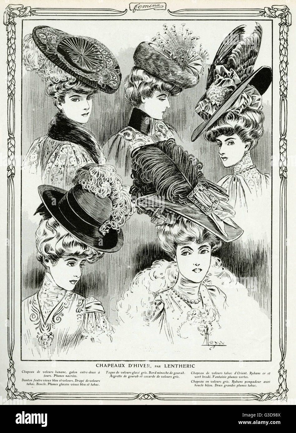 Womens cappelli sono una parte essenziale della moda in Edwardian volte con capelli indossato alta e cappelli inclinata con pennacchi di piume di uccelli e talvolta intere ali di uccello. Data: 1905 Foto Stock