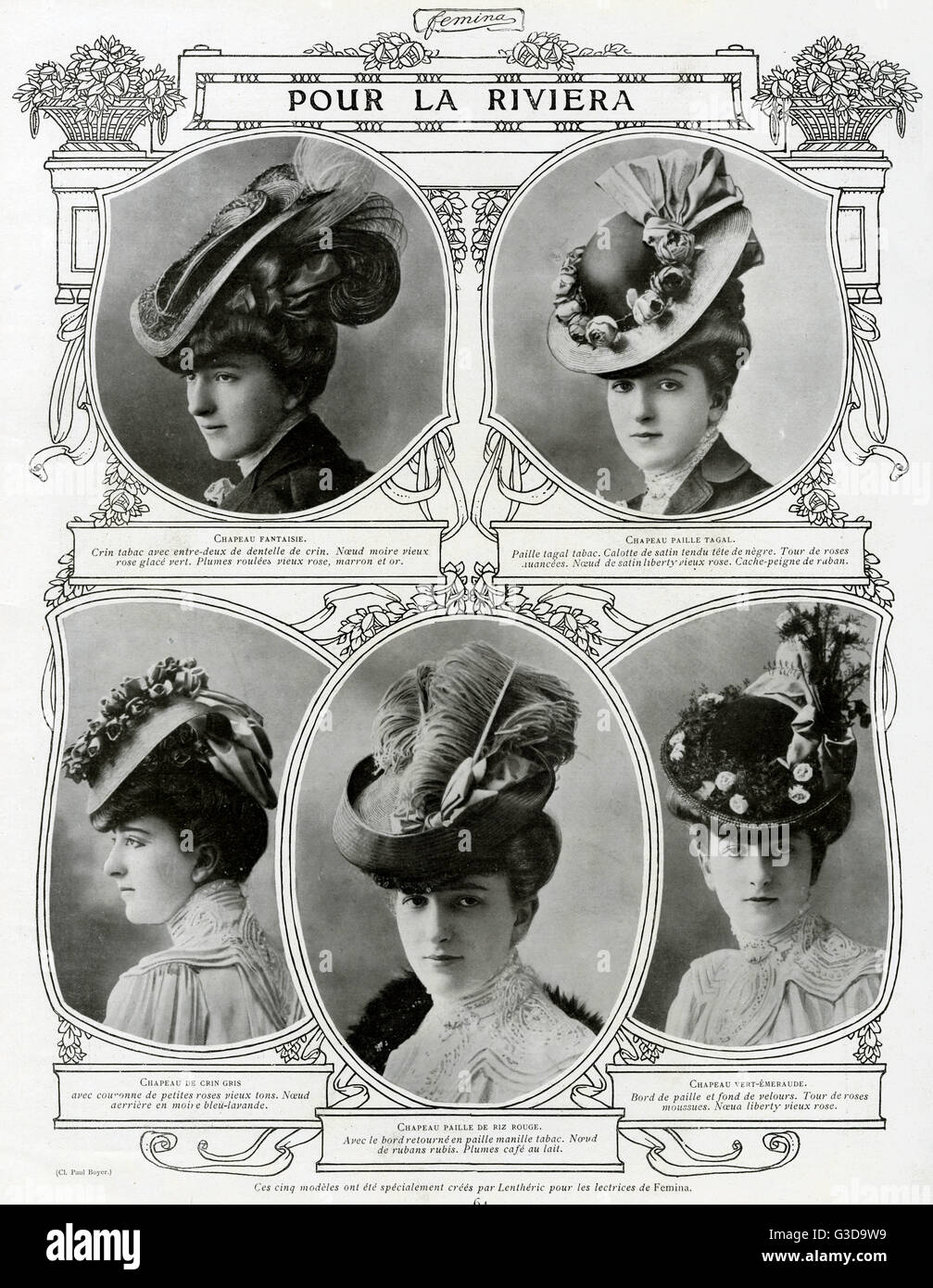 Donna francese che indossa cappelli con ruota per la Riviera 1906 Foto Stock