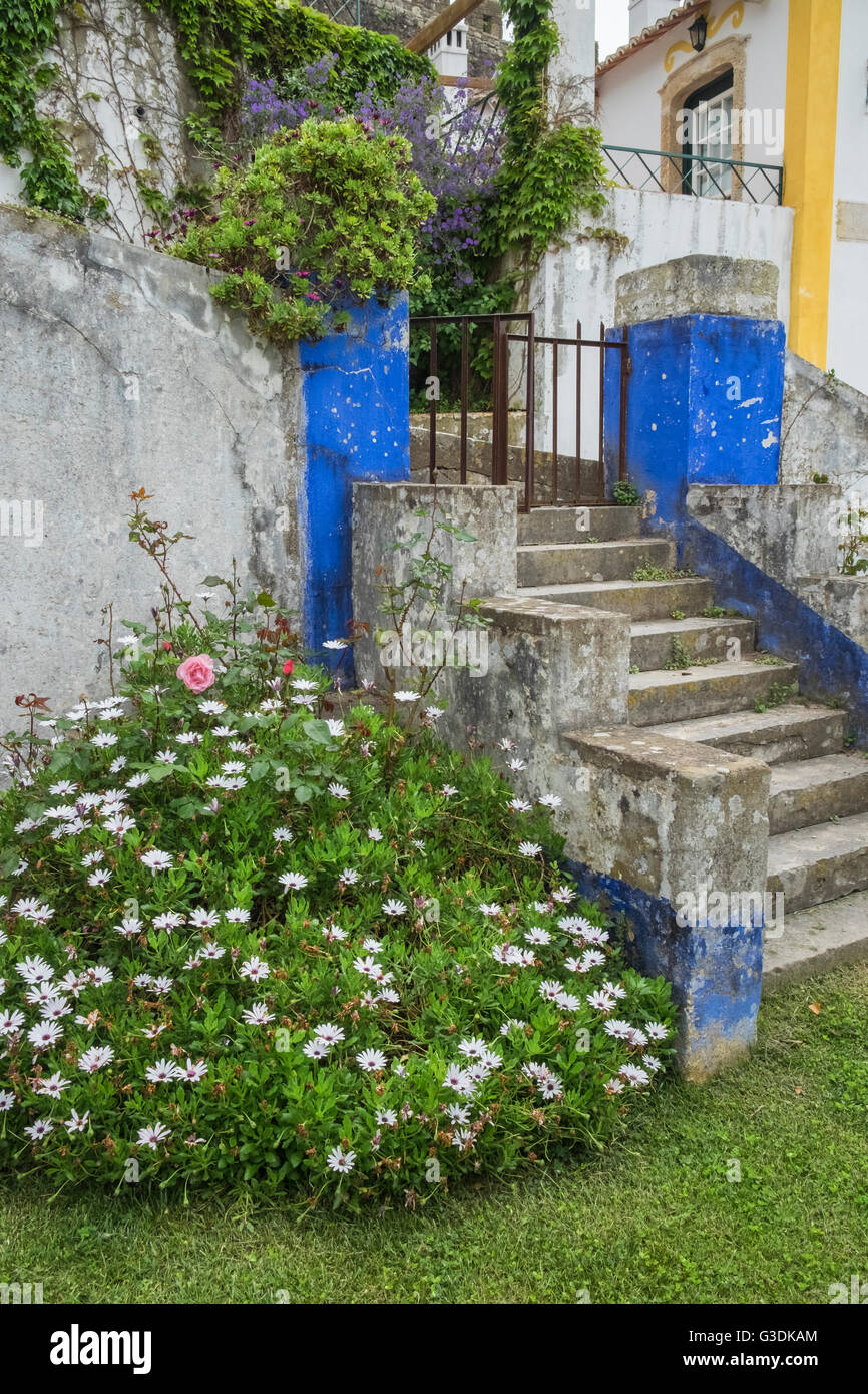Piccolo giardino residenziale nella storica cittadina di Obidos, Estremadura, Portogallo Foto Stock