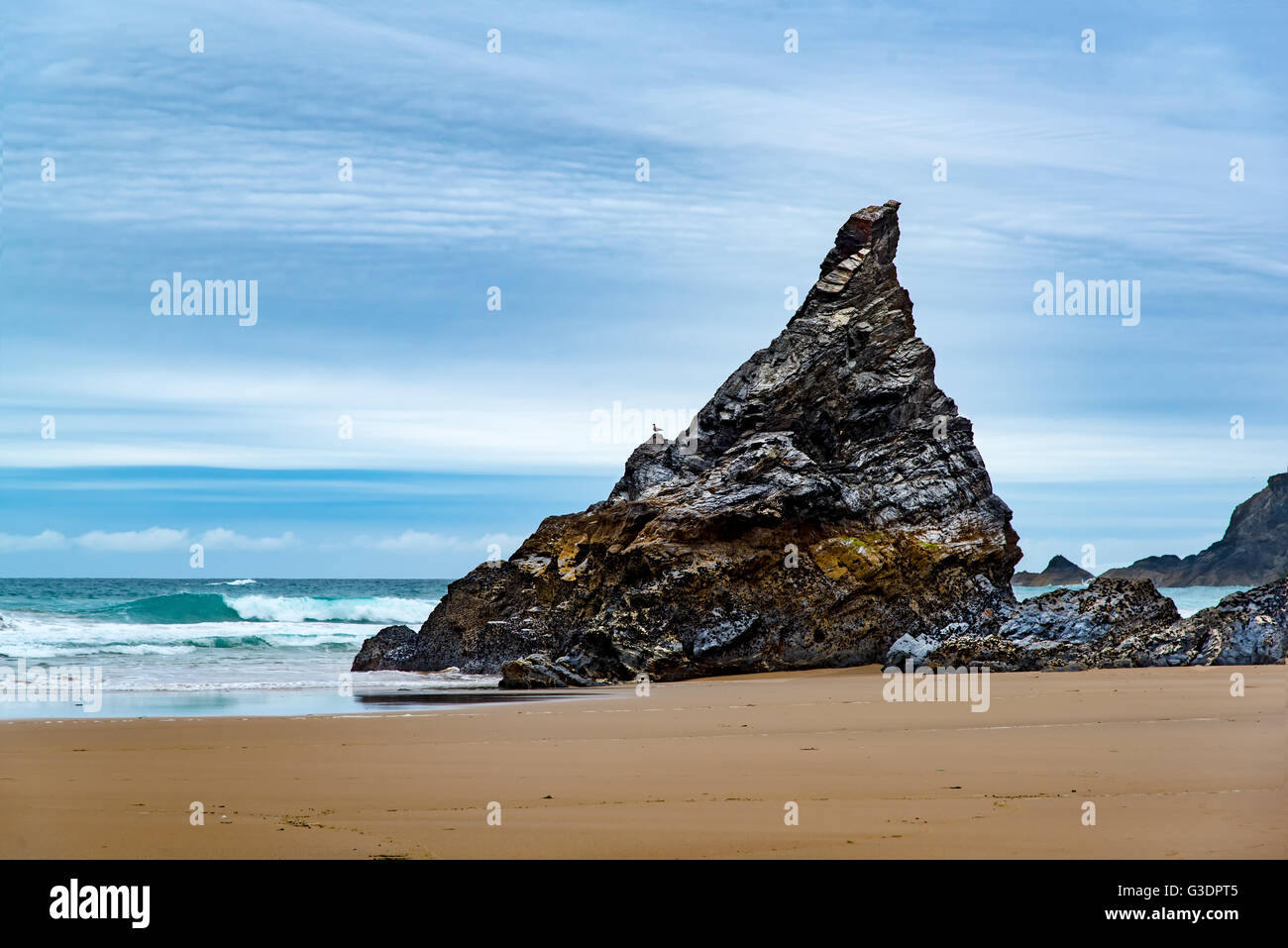 Regina Bess Roccia di Bedruthan Steps, North Cornwall, Regno Unito. Foto Stock