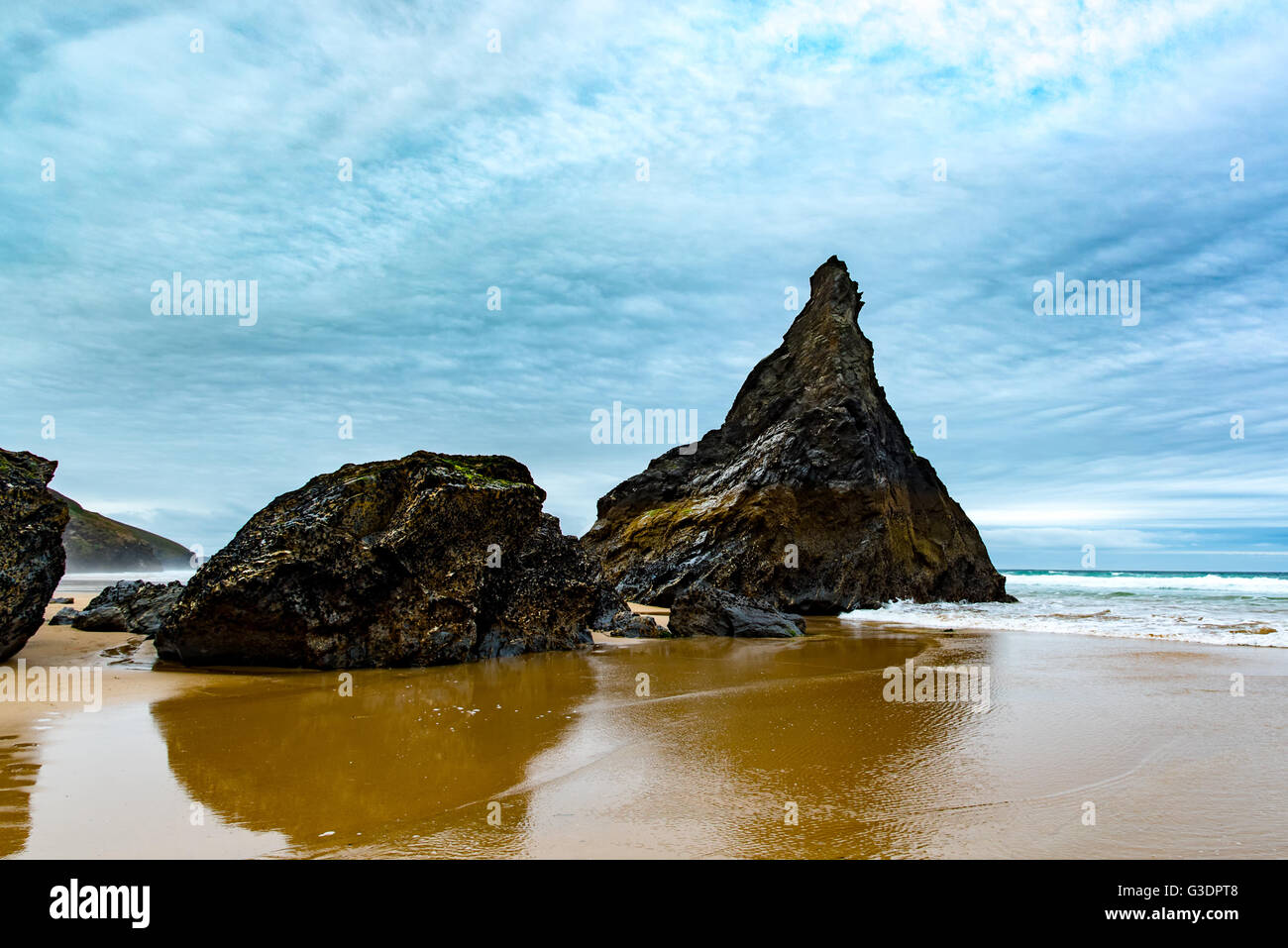 Regina Bess Roccia di Bedruthan Steps, North Cornwall, Regno Unito. Foto Stock