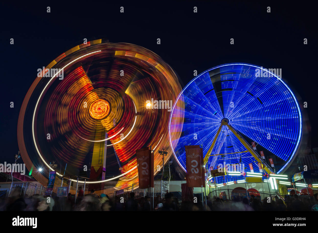 Ruota panoramica Ferris e altre corse di notte, Calgary Stampede Midway, Calgary, Alberta, Canada Foto Stock