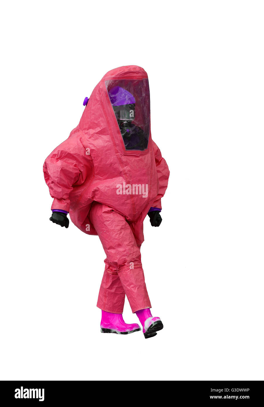 Uomo con red protettivi su sfondo bianco Foto Stock