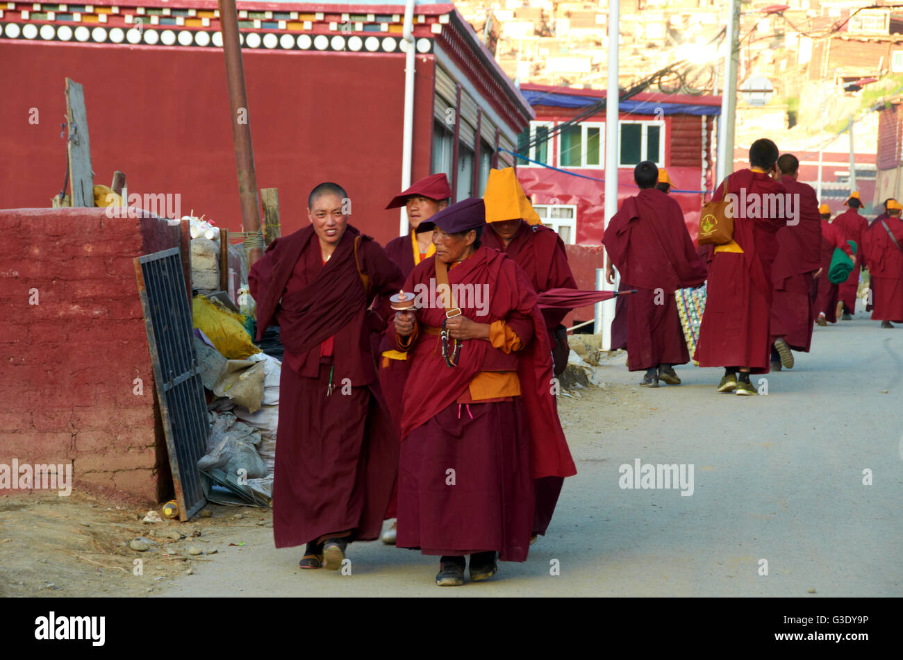 Le monache nelle strade di Larung Gar Foto Stock