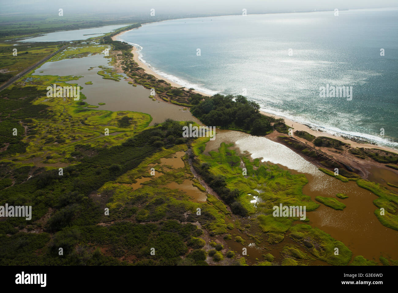 Vista aerea del Kealia Pond National Wildlife Refuge e stagni salmastri, casa di minacciate di estinzione di uccelli hawaiano; Maui, Hawaii, STATI UNITI D'AMERICA Foto Stock