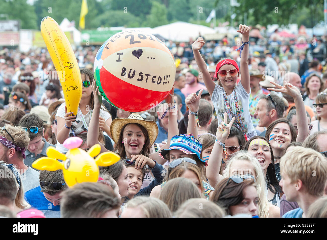 I frequentatori del festival guarda agisce sul mainstage At The Isle Of Wight Festival, in Seaclose Park, Newport, Isola di Wight. Foto Stock