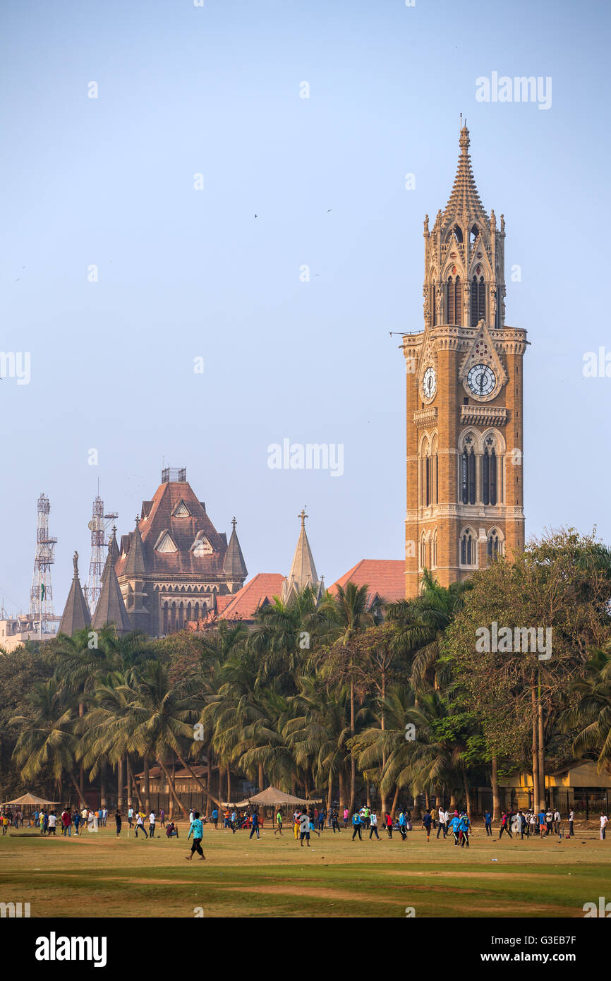 Rajabai clock tower in stile gotico e il verde del campo da cricket di Mumbai, Maharashtra, India Foto Stock