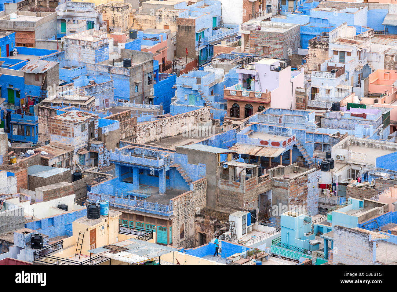 Jodhpur la città blu visto dal Forte Mehrangarh, Rajasthan, India, Asia Foto Stock