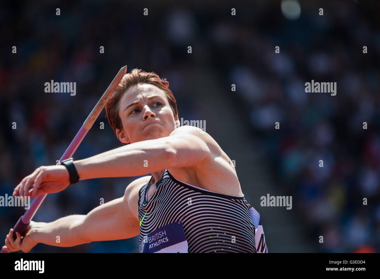 Diamond League Birmingham REGNO UNITO. 5 Giugno 2016. Australian atleta Kathryn Mitchell compete nel giavellotto. Foto Stock