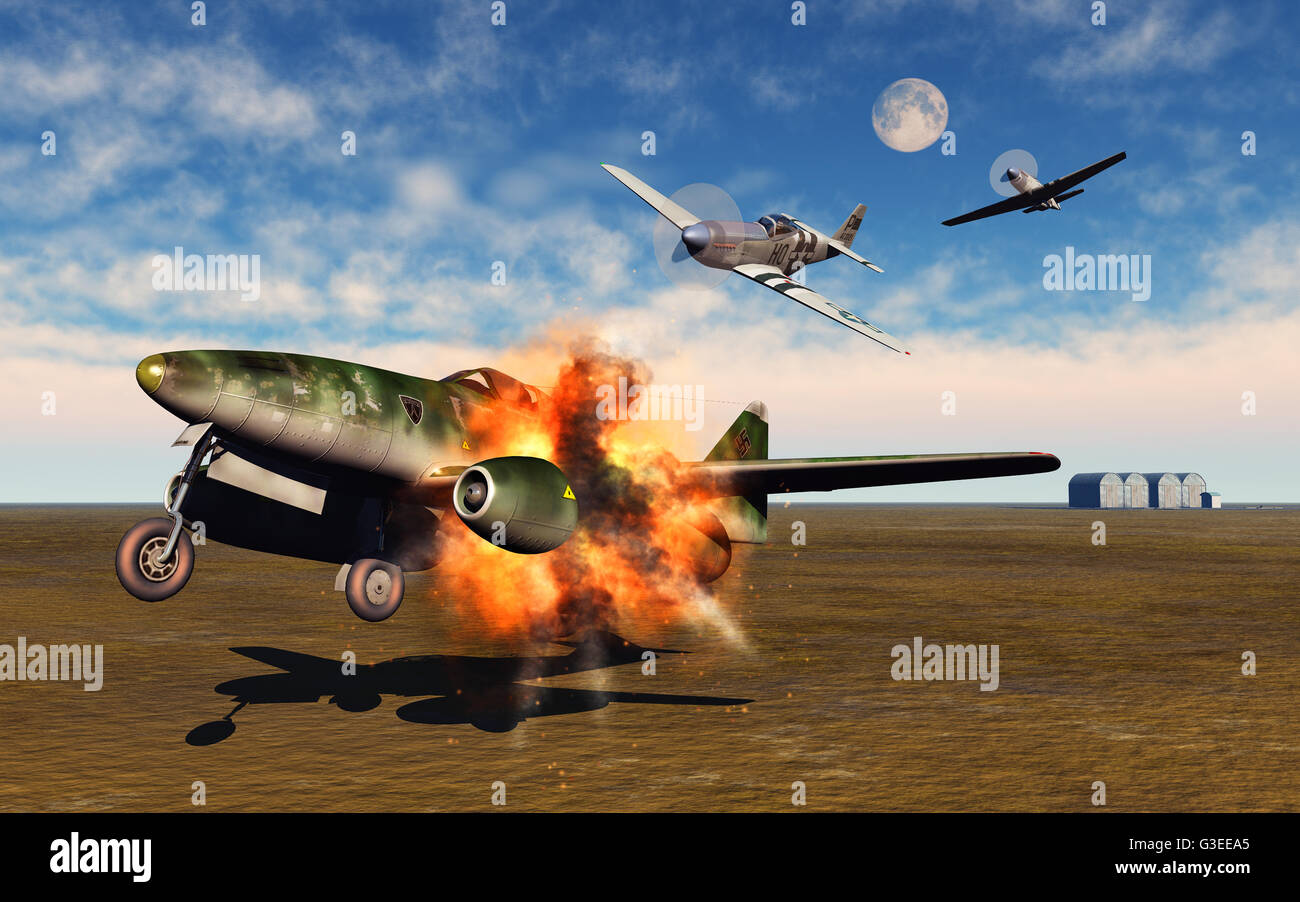 Un tedesco ME 262 jet fighter, essendo attaccato da American P51 Mustangs come terre. Foto Stock