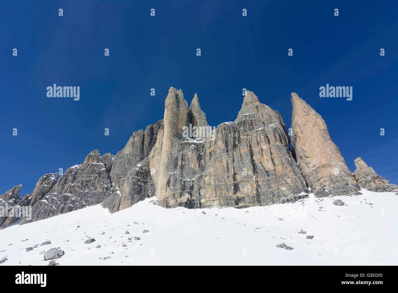 Drei Zinnen, Tre Cime, Italia, Belluno, Naturpark Drei Zinnen, Tre Cime di Lavaredo, Dolomiti, Sextner Dolomiten (Sextener Dolom Foto Stock