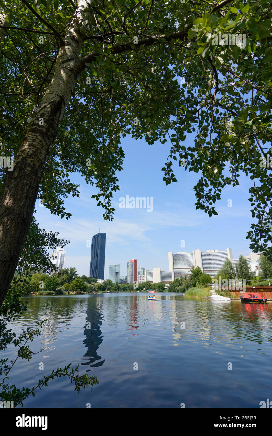 Pond Kaiserwasser, highrise Neue Donau , DC Tower 1, il palazzo delle Nazioni Unite (da sinistra a destra), Austria, Wien, 22., Wien, Vienna Foto Stock