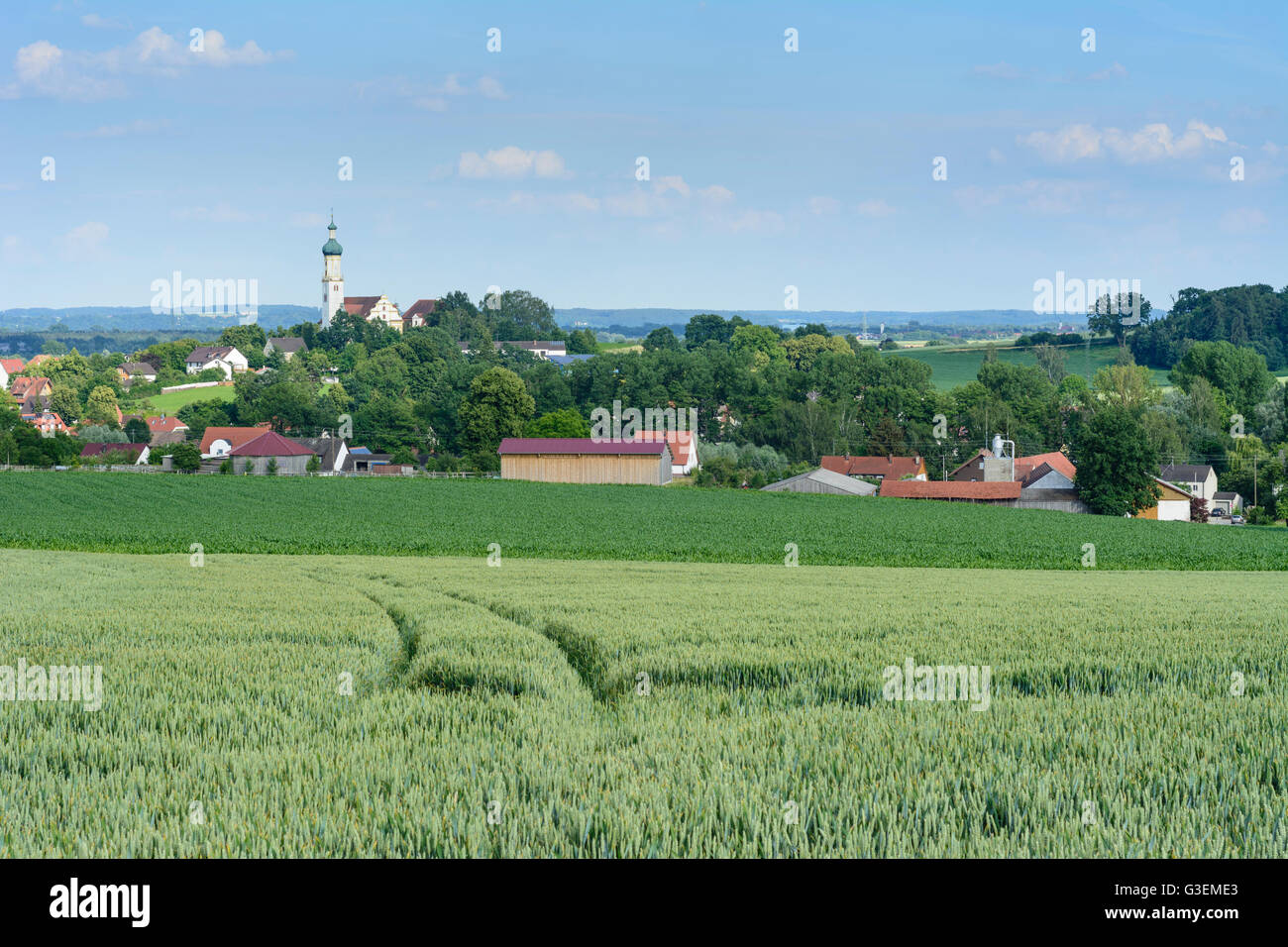 Vista della città e la chiesa di San Jakobus e Laurentius, in Germania, in Baviera, Baviera, Schwaben, Svevia, Biberbach (Schwaben) Foto Stock