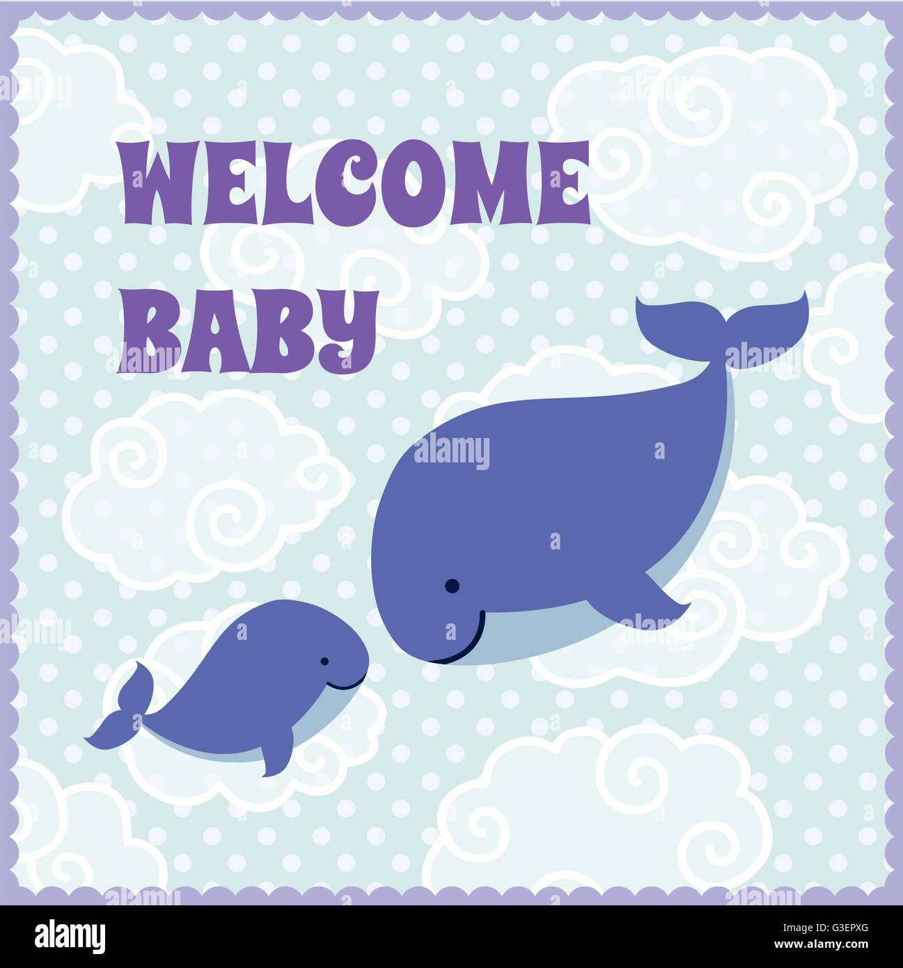 Baby shower invito scheda con Cartoon carino balene. Illustrazione Vettoriale