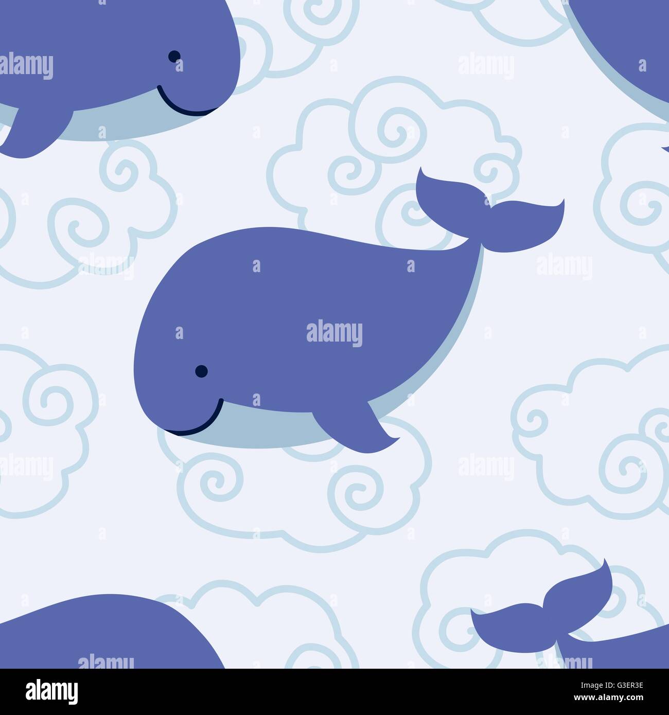 Modello senza cuciture con graziosi balena in nuvole su sfondo blu. Illustrazione Vettoriale