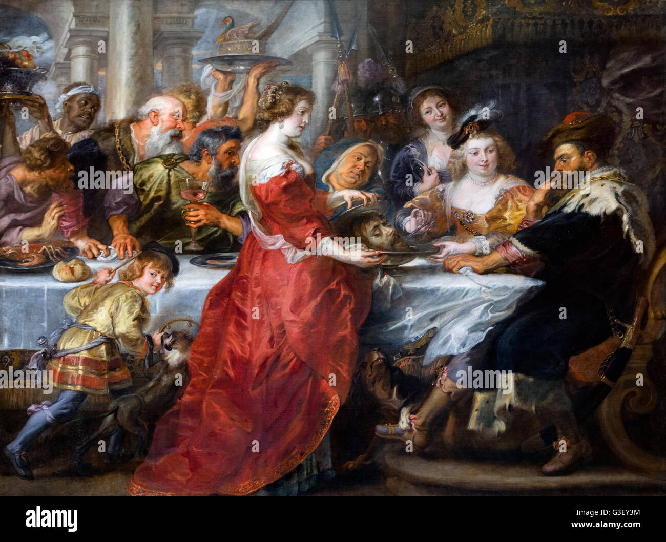 Il Banchetto di Erode di Sir Peter Paul Rubens (1577-1640), olio su tela, 1635-1638. Salomè presenta San Giovanni Battista la testa al re Erode come Erodiade, alla sua destra, pungoli Battista la lingua con una forchetta. Foto Stock