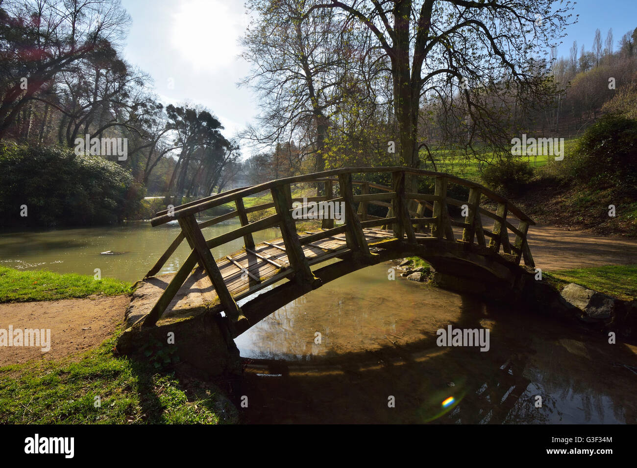 Ponte sul piccolo lago, Staatspark Fuerstenlager, Bensheim, Odenwald, Hesse, Germania Foto Stock